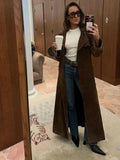 Brown Suede Long Belt Trench Coat-Outfit