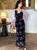 Fongt Xixi 2025 Summer New Korean Version Of High-Waisted Holiday Sling Dress V-Neck Print Pure Desire Skirt 88262