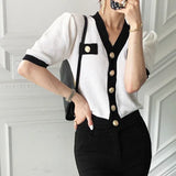 V-neck Cardigans Femme Short Sleeve Sweater Single Breasted Ropa Mujer Korean Simple Knitwears Summer 2024 Sueters-Outfit