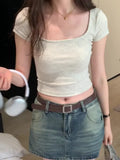 Square Collar Design Small Solid Color T-Shirt Women's Short Sleeves Show Thin Exposed Collarbone Short Style Sweet Hot Style