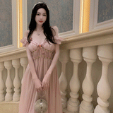 Fairy Temperament Sweet V Collar Fold Wrinkle Dress Female Summer New Style Gentle Wind Foreign Style Fashion Vacation Fairy Dress-Outfit