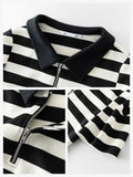 Simple Women T-shirt Black White Striped Polo Collar Casual All-match 2022 Summer New Loose Commute Female Tops