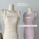 Women Fashion Solid Midi Dress Vintage Backless Sling Dress Thin Straps Female Dresses