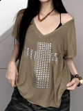 Fongt Sub-Series Cross Scald Copper Slanted Shoulder Loose Casual T-Shirt Hottie Street Sexy V-Neck On The Shoulder