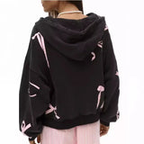 Black Zipper Bow Lace Up Applique Hoddie-Outfit