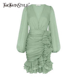 Elegant Asymmteircal Dress Women V Neck Lantern Long Sleeve High Waist Patchwork Ruched Ruffles Dresses Female