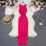Fongt Sexy Round Neck Kink Solid Color Vest Knit Skirt Front And Back Two Wear Elastic Tight Wrap Hip Dress-Outfit