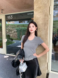 Fongt Xixi 13 Lines 2025 Autumn White Standard Temperament Collar Bottom Knitted Short-Sleeved T-Shirt 89545