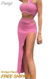 Women Sexy Two-piece Clothes Skirt Sets Summer Solid Color One-shoulder Vest and Slit Skirt Women's Suits Club