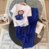 Women's Cute Cartoon Suits White Bear Print O-Neck Short Sleeve T-Shirt + Blue Elastic Waist Trousers 2 Piece Pants Set