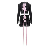 Fongt Winter New Ins Pure Desire Hot Girl Lace With Long Sleeve Top Lace Splicing Package Buttock Skirt Suit
