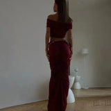 Off-shoulder Crop Top And Ruched Maxi Skirt Set-Outfit