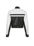 Women Gothic PU Leather Jacket Contrast Color Stand Collar Long Sleeve Zip-up Crop Top Bomber Coat Cool Racing