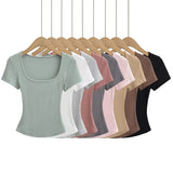 Trend Spice Girls Basic Style Large U-Neck Straight Shoulder Short-Sleeved T-Shirt Slim And Elastic Blouse-Outfit