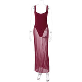 Solid Strap Mesh Bodysuit Maxi Dress-Outfit