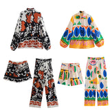 Summer Style Fluffy Sleeve Printed Shirt Printed Home Pants Printed Shorts Set-Outfit