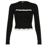 French Lace Trim Splice Slim Long Sleeve Tee-Outfit