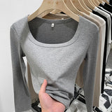 New Spring And Autumn Style Threaded Square Collar Long-Sleeved T-Shirt Women's High Waist Leaky Navel Minority Solid Color