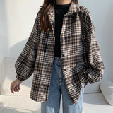 Vintage Plaid Print Thick Long Sleeve Blouse-Outfit
