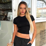 Fongt Women's Spring New Hot Selling Solid Color Round Collar Short Sleeve Basic T-Shirt Top-Outfit