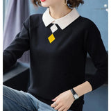 Turn-down Collar slim knitted ladies sweaters Elegant warm long sleeve women's pullovers Korean patchwork color