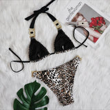 Fongt Swimsuit Female Ins Web Celebrity Wind Vacation Sexy Leopard Print Diamond Low Waist Gathered Split Body