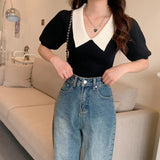 Fongt Retro Bubble Sleeve Knitted T-Shirt Women Design Small Short Top Summer New Ice T-Shirt