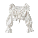 Pleated Lantern Long Sleeve Shirt For Women's 2022 Spring And Autumn New Vintage White Square Collar Blouse Tops
