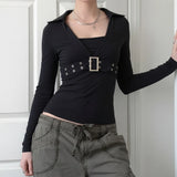 Fongt Irregular Metal Buckle Hanging Neck PU Leather Unilateral Sleeve Leather 2025 Spring And Autumn New Women's Clothing