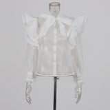 Elegant Wind-Breeze-Permeable Shirt 2025 New Temperament Niche Splicing Lotus Edge Design Mesh Shirt Female