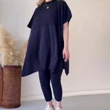 Fongt 2025 New Solid Color Round Neck Large-Size Short-Sleeved Knitted Shirt Casual Set