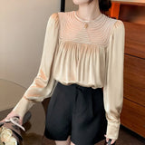 Mesh Satin Chiffon Shirt Long Sleeve Pleated Loose Vintage Blouse Autumn Casual O-neck Beading Stitching Blouse