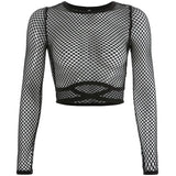 Fongt See-Through Mesh Long Sleeve T-Shirt 2023 New Sexy Short Round Collar Tie Crop Short-Outfit