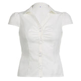 Solid Color Button Down Short Sleeve Blouse-Outfit