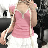 Girl's Fine Striped Lace Buckle V-Collar Knitted T-Shirt Summer Dopamine Short-Sleeved Blouse-Outfit