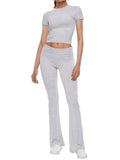 Short Sleeve Cropped Top Fold-over Flare Pants Set-Outfit