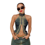 Fongt Women's Summer New Fashion Sleeveless Hanging Back Clothes Wash Water To Make Old Cowboy