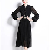 Fongt High-End Elegant Dress Spring New Fashion Metal Buckle Waist Thin Lantern Sleeve Chiffon Long Dress