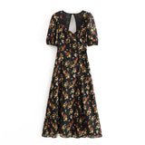 New Spring / Summer 2024 Small Flower Print Low-Cut Sexy Back Cut-Cut Forked Dress-Outfit
