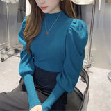 Korean Version Semi-High Round Collar Design Bubble Sleeve Knitted Sweater Autumn And Winter New Foreign Style Pullover Women's Dress-Outfit