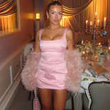 Satin Square Neck Mock Pocket Mini Dress-Outfit
