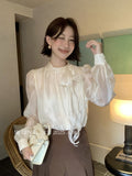 Fongt Xixi 2025 Autumn White Standard Thousand Gold Wind Bow Tie With Bottom Shirt Women's Long-Sleeved Top Tide 89550