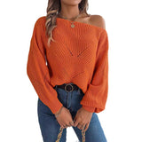Shooting 2025 Autumn And Winter Leisure Hollow Word Collar Shoulder Lantern Sleeve Sweater Women's