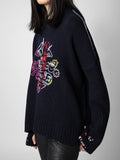 Embroidery Sweater Women 2023 Autumn Winter Round Neck Wool Fashion Pullover Casual Streetwear Sweaters Jumpers
