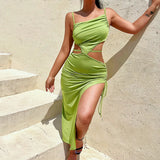 Fongt Folded Shoulder Irregular Hollow Dress Women's Summer Sexy Temperament Open