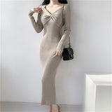 V-Collar Long-Sleeved Knitted Dress Skirt Autumn And Winter 2024 New Sweater Skirt-Outfit