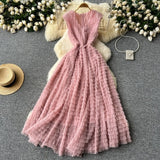 Fongt Famous French High-End Women V Lead Heavy Industry Folding Net Yarn Waist Fluffy Cake Dress Dress