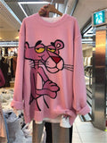Fongt Women Sweater and Pullovers Loose Style Chic Jumpers 2023 Cartoon Printed Pink The leopard Winter Sweater Pullovers Knitwear 1215-1-Outfit