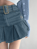 Buckle Belt Pleated Denim Mini Skirt-Outfit