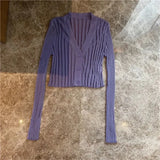 V-neck Solid Cropped Cardigan Women Korean Autumn Long Sleeve Thin Ice Silk Knitted Sweaters Air Conditioner